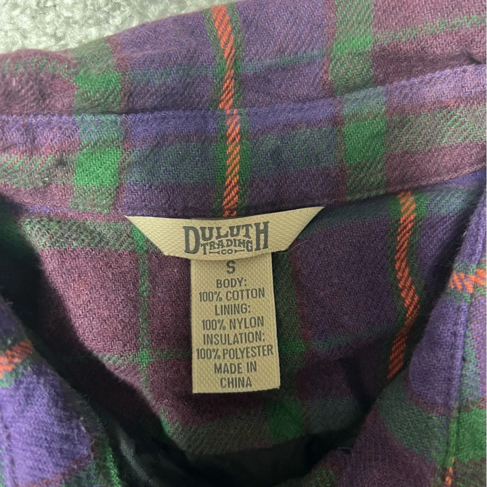 Duluth Trading Jacket Womens Medium Purple Plaid Flannel Shacket Lined Snap Down